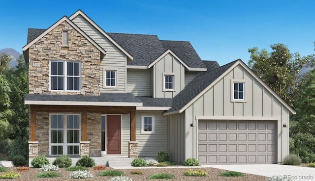 6299 Cristobal Pt, Parker, CO 80134 - view of front of house featuring stone siding, an attached garage, board and batten siding, a shingled roof, and concrete driveway