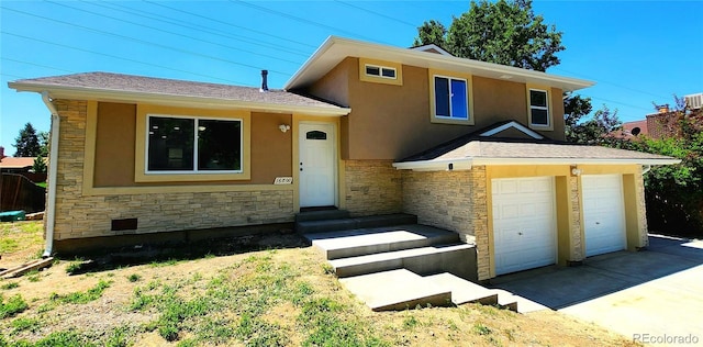 16800 E Bails Pl, Aurora, CO 80017 - split level home featuring stone siding, stucco siding, driveway, and a garage