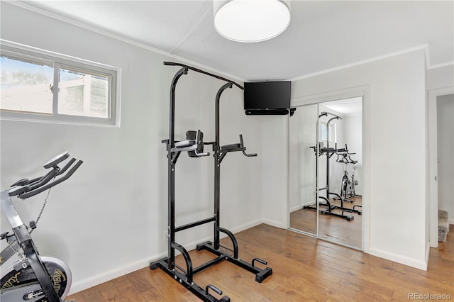 exercise room featuring hardwood / wood-style floors and ornamental molding