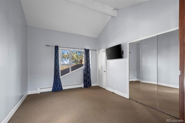 unfurnished bedroom featuring beamed ceiling, high vaulted ceiling, a baseboard heating unit, carpet, and baseboards