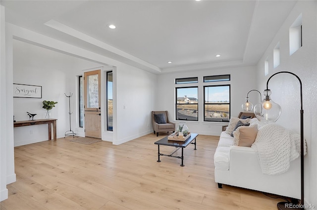 8700 Lost Lake Dr, Franktown, CO 80116 - living room featuring baseboards, recessed lighting, a tray ceiling, and light wood-style floors