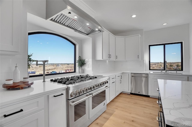 8700 Lost Lake Dr, Franktown, CO 80116 - kitchen with custom exhaust hood, a sink, decorative backsplash, stainless steel appliances, and white cabinetry
