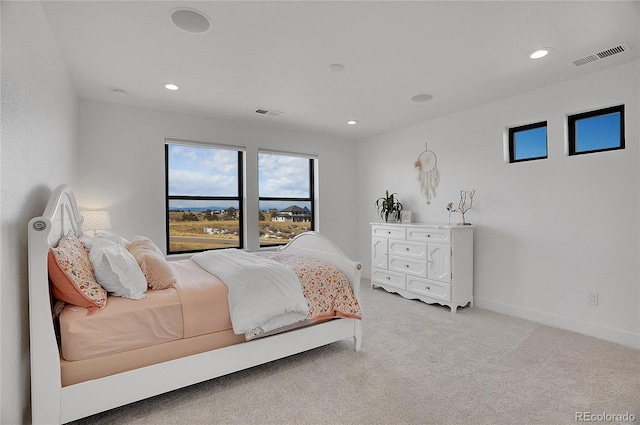 8700 Lost Lake Dr, Franktown, CO 80116 - bedroom featuring light colored carpet, baseboards, visible vents, and recessed lighting