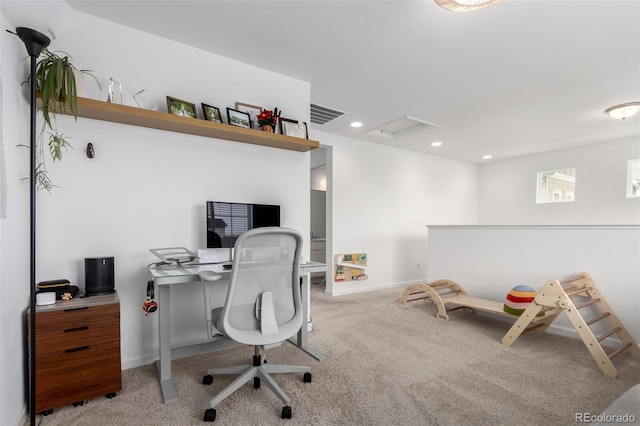 carpeted office featuring baseboards and recessed lighting