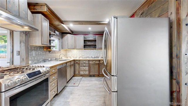 321 Stockton Ct, Gilcrest, CO 80623 - kitchen with stainless steel appliances, a sink, open shelves, decorative backsplash, and light countertops