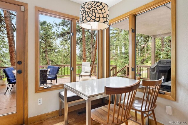 29962 Troutdale Ridge Rd, Evergreen, CO 80439 - dining space with healthy amount of natural light, wood finished floors, and baseboards
