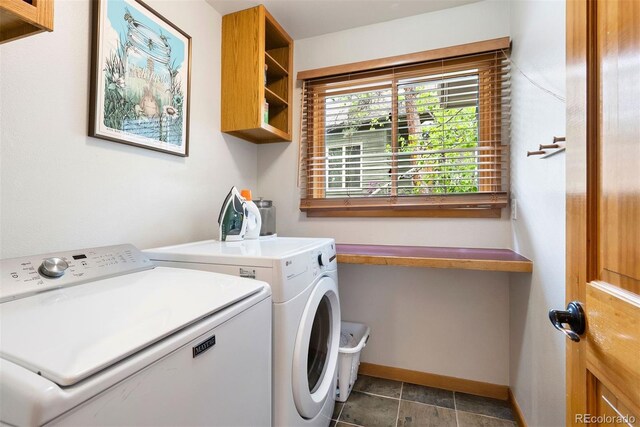 29962 Troutdale Ridge Rd, Evergreen, CO 80439 - laundry room with independent washer and dryer, baseboards, and cabinet space