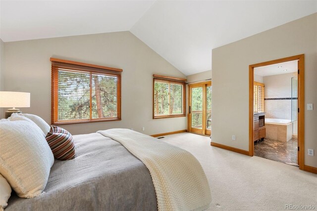 29962 Troutdale Ridge Rd, Evergreen, CO 80439 - bedroom featuring vaulted ceiling, access to outside, baseboards, light carpet, and connected bathroom