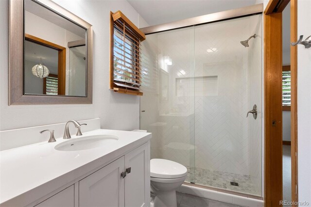 29962 Troutdale Ridge Rd, Evergreen, CO 80439 - full bathroom featuring toilet, vanity, a stall shower, and tile patterned flooring