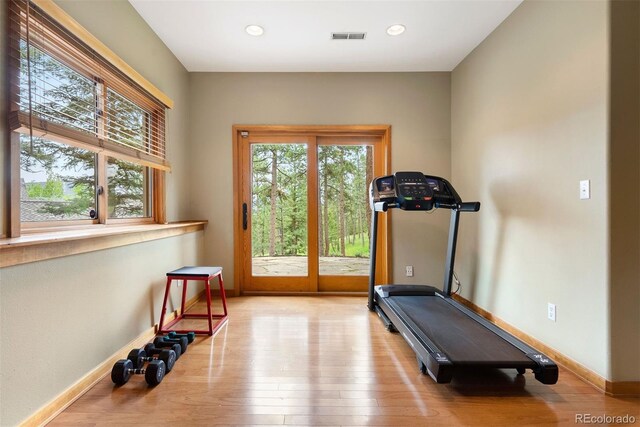29962 Troutdale Ridge Rd, Evergreen, CO 80439 - exercise room with hardwood / wood-style floors, baseboards, and recessed lighting
