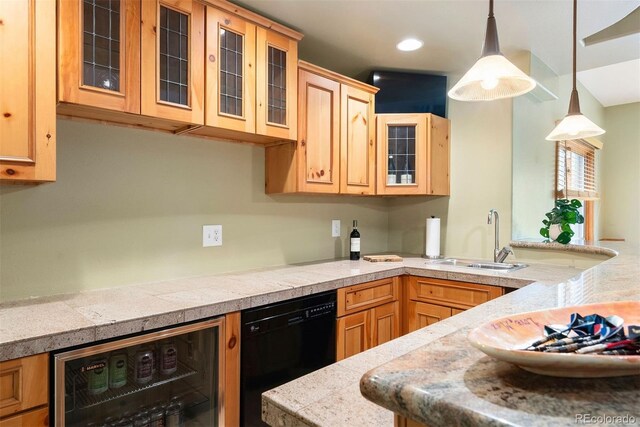 29962 Troutdale Ridge Rd, Evergreen, CO 80439 - kitchen featuring a sink, wine cooler, black dishwasher, hanging light fixtures, and light brown cabinetry