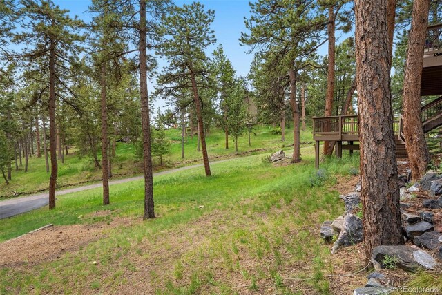 29962 Troutdale Ridge Rd, Evergreen, CO 80439 - view of yard with a deck and stairway