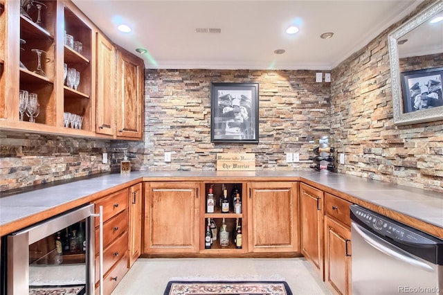 bar featuring stainless steel dishwasher and beverage cooler