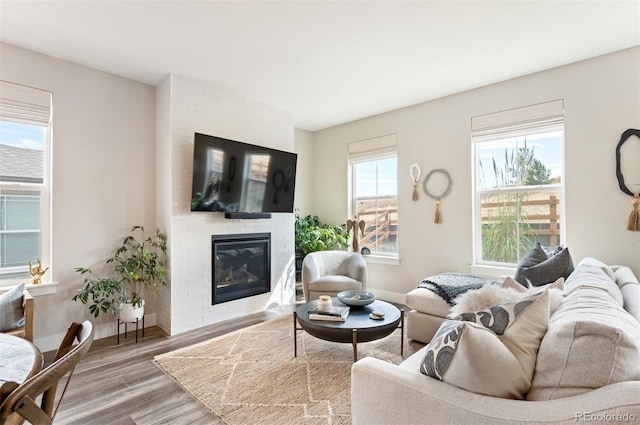 living room featuring light wood-type flooring, a wealth of natural light, and a large fireplace