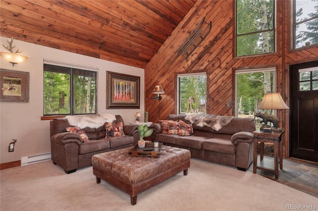 living room with wood walls, a baseboard radiator, high vaulted ceiling, and baseboards