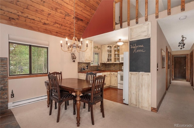 dining area with baseboard heating, wooden ceiling, high vaulted ceiling, and a notable chandelier