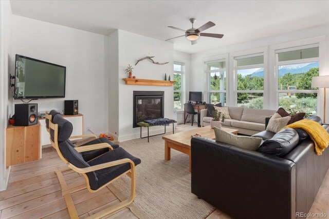 14051 US Highway 285, Salida, CO 81201 - living area featuring a ceiling fan, a glass covered fireplace, and light wood-style flooring