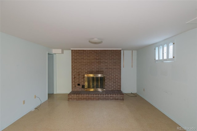 2976 S Magnolia Way, Denver, CO 80224 - unfurnished living room featuring a brick fireplace