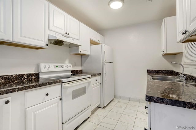 2237 S Buckley Rd Unit 101, Aurora, CO 80013 - kitchen featuring white range with electric stovetop, under cabinet range hood, light marble finish flooring, and white cabinets