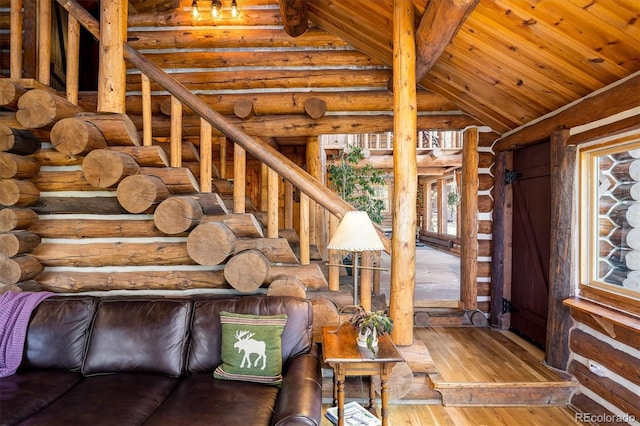 unfurnished living room with log walls, lofted ceiling, hardwood / wood-style floors, and wooden ceiling