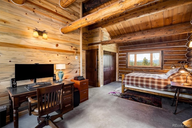 bedroom with beamed ceiling, wood ceiling, and rustic walls