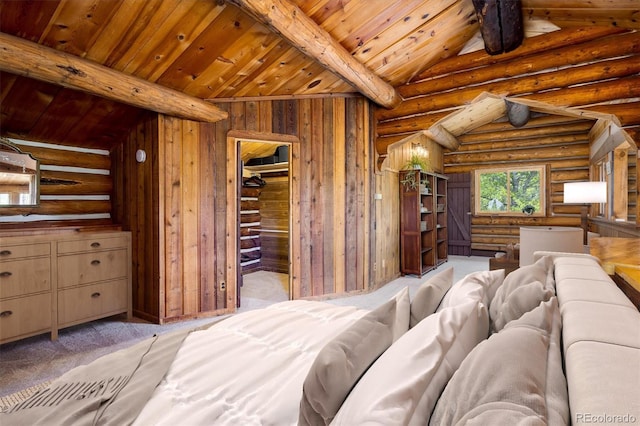 bedroom with light colored carpet, lofted ceiling with beams, and wooden ceiling