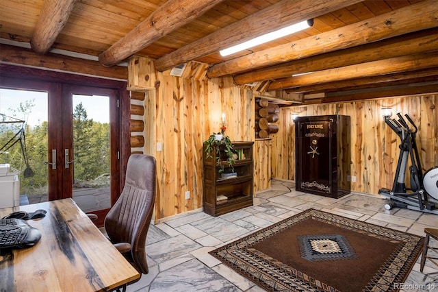 office area featuring wood walls, wood ceiling, beam ceiling, and french doors