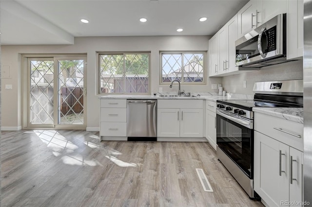 kitchen featuring stainless steel appliances, a wealth of natural light, sink, and white cabinets