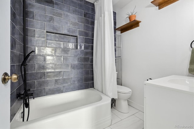 full bathroom featuring vanity, shower / bathtub combination with curtain, tile patterned floors, and toilet