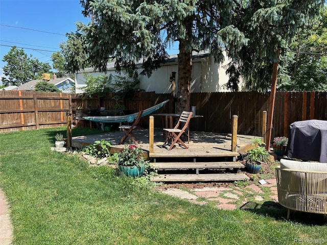 view of yard with a deck and a fenced backyard