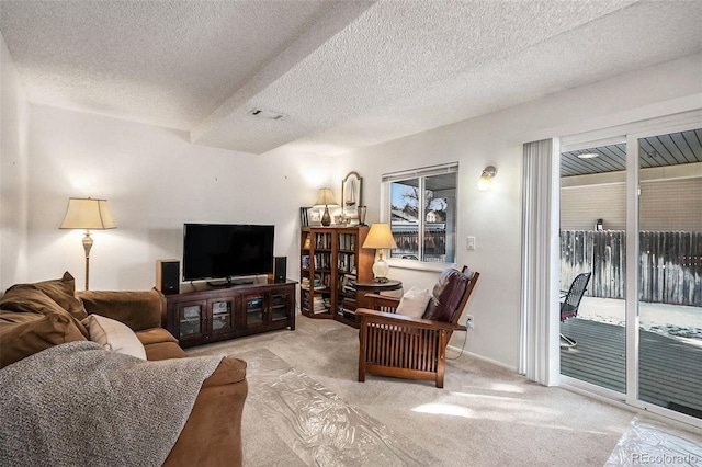 carpeted living room with a textured ceiling