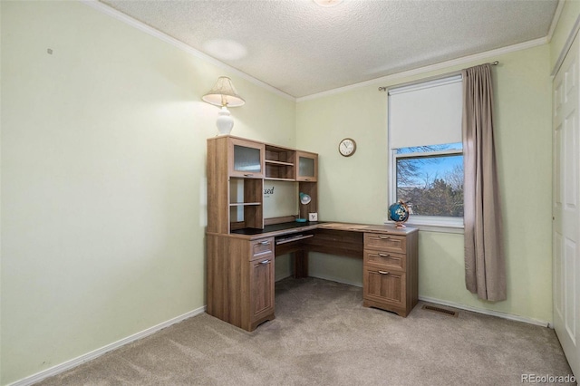 carpeted office space featuring ornamental molding and a textured ceiling