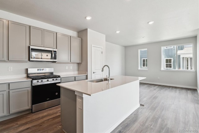 14145 Deertrack Ln, Parker, CO 80134 - kitchen featuring stainless steel appliances, a sink, gray cabinetry, dark wood-type flooring, and light countertops