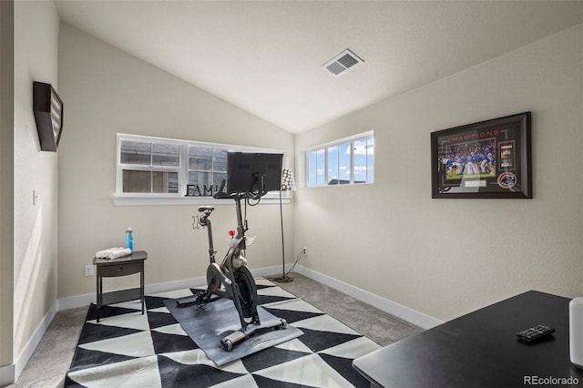 workout area featuring carpet floors and vaulted ceiling