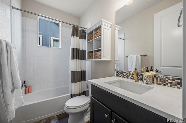full bath with vanity, toilet, shower / bath combination with curtain, wood finished floors, and backsplash