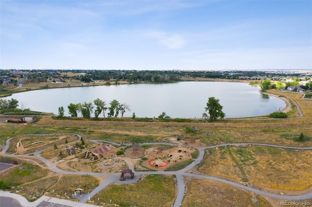 drone / aerial view featuring a water view