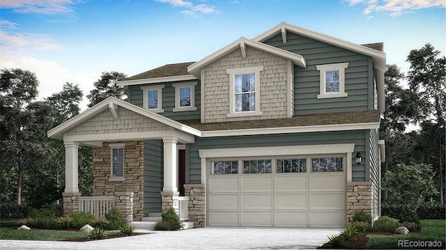 719 N Deer Park, Watkins, CO 80137 - craftsman inspired home featuring concrete driveway, an attached garage, stone siding, and a porch