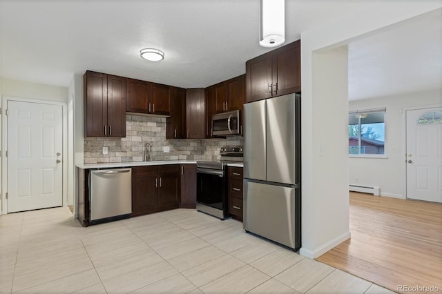 kitchen featuring decorative backsplash, a baseboard radiator, appliances with stainless steel finishes, light hardwood / wood-style flooring, and sink