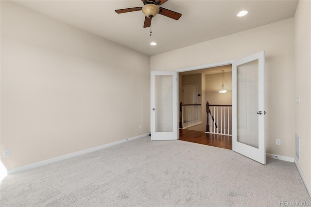 unfurnished bedroom with recessed lighting, visible vents, baseboards, french doors, and carpet