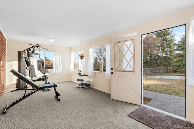 exercise room with baseboards and carpet flooring