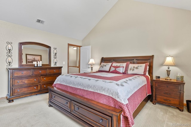 bedroom with carpet, high vaulted ceiling, and visible vents