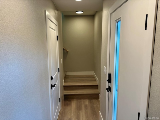 stairway featuring hardwood / wood-style flooring