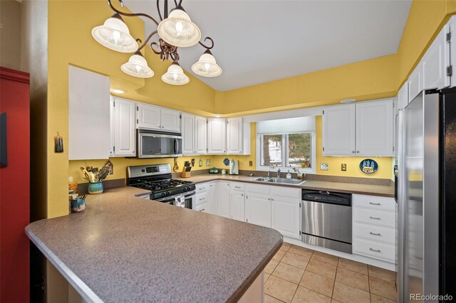 kitchen with appliances with stainless steel finishes, decorative light fixtures, white cabinetry, sink, and kitchen peninsula