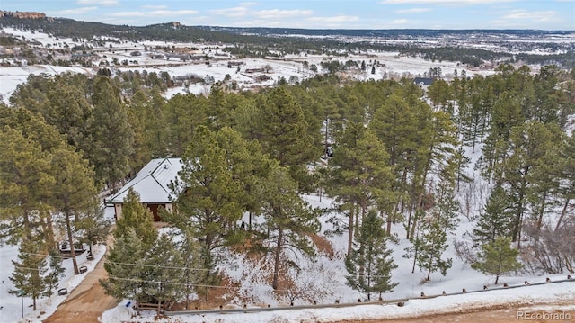 snowy aerial view featuring a mountain view