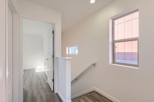 hallway with a healthy amount of sunlight and wood-type flooring