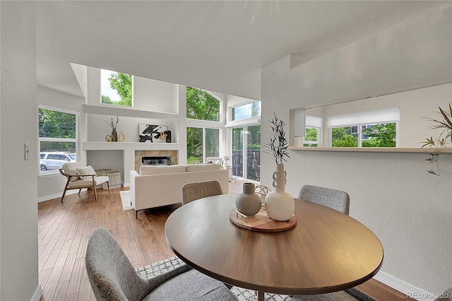 1229 James Cir Unit 1, Lafayette, CO 80026 - dining room with light wood finished floors, a glass covered fireplace, and a high ceiling