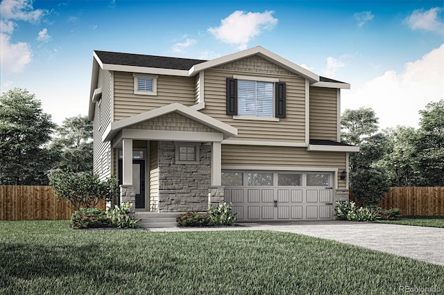 craftsman-style home featuring a garage and a front lawn