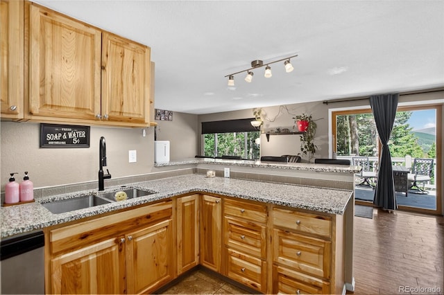8340 London Ln, Conifer, CO 80433 - kitchen with stainless steel dishwasher, a peninsula, and light stone counters