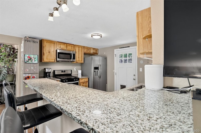 8340 London Ln, Conifer, CO 80433 - kitchen featuring stainless steel appliances, a peninsula, light stone countertops, and a kitchen bar