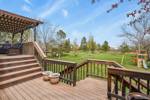 wooden terrace with a playground, a pergola, and a yard